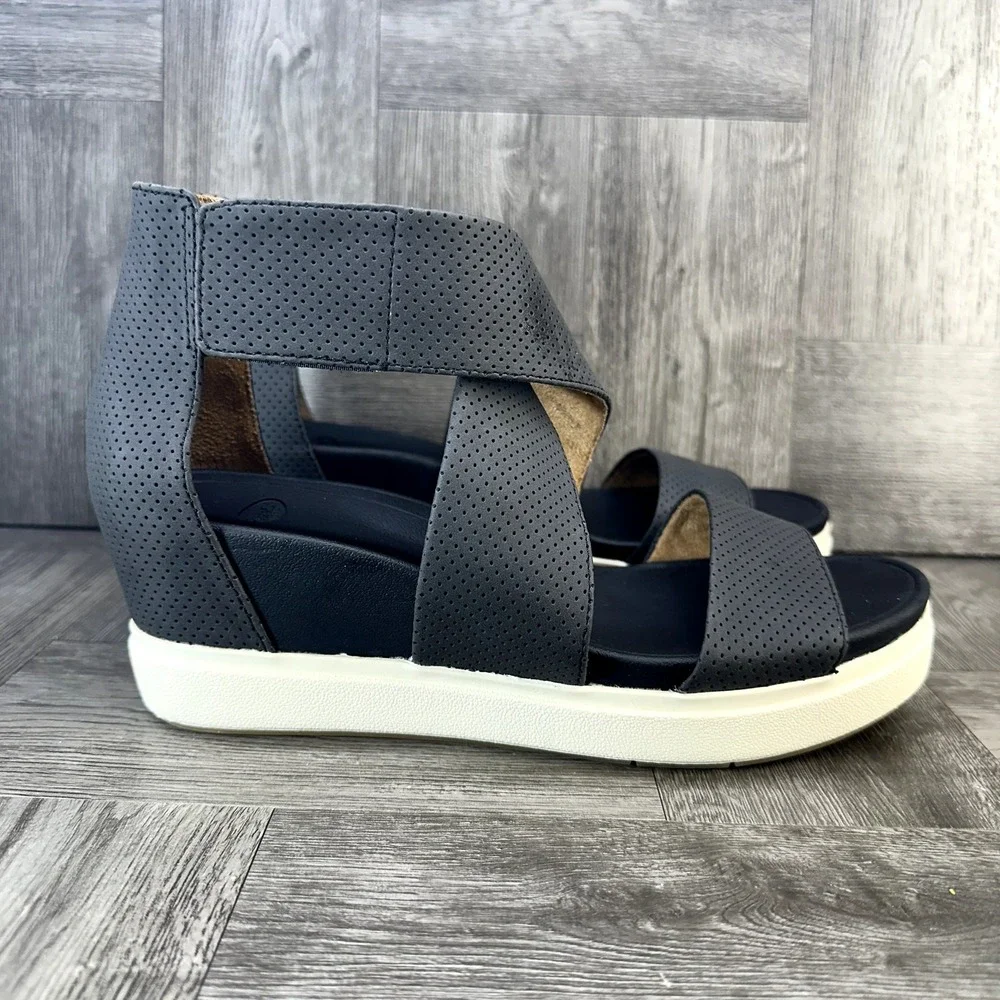 Dr. Scholl's Wedge Sandals Womens 8.5 Navy Blue Perforated Platform Comfort NEW